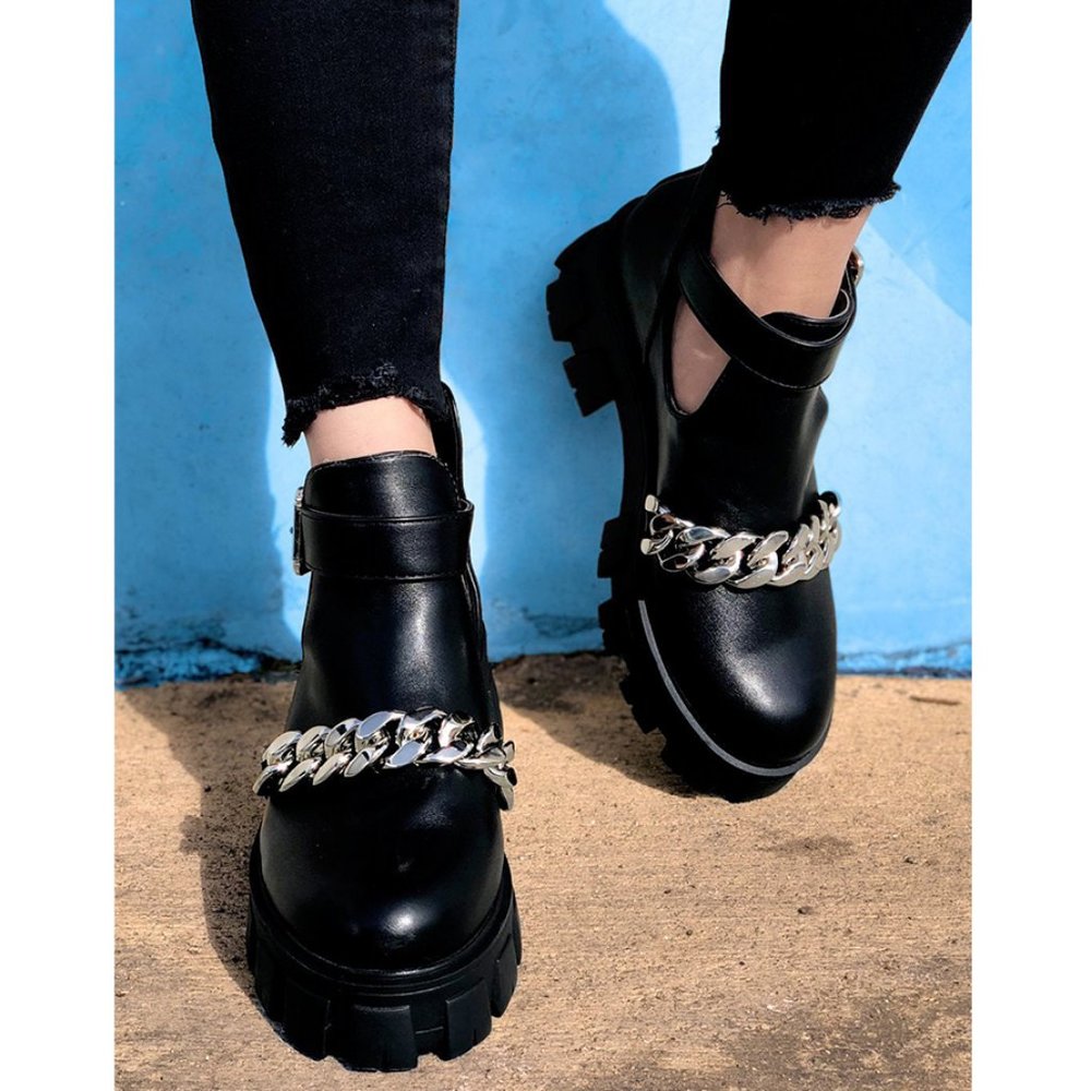Chain Adorned Silver Chunky Platform Boot Cutout Buckle Lugged Bootie